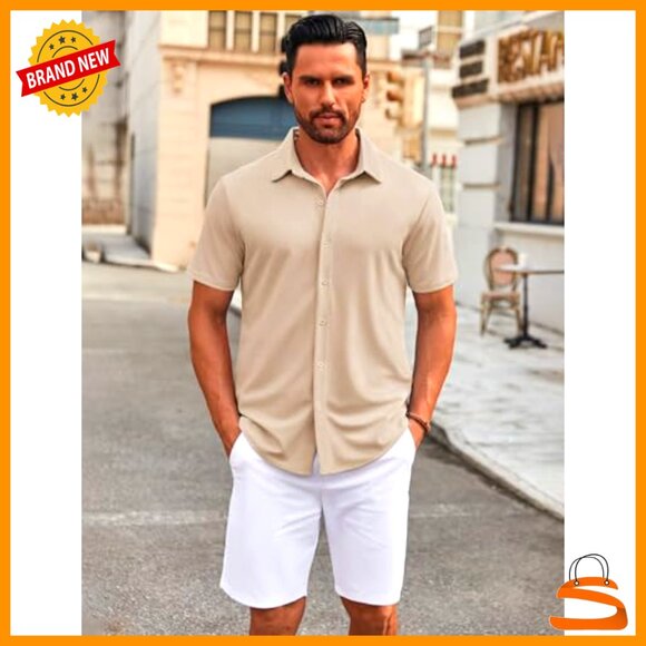 Casual Short Sleeve Button Down Shirt Wrinkle Free Stretch Dress Shirt Untucked - Picture 4 of 7